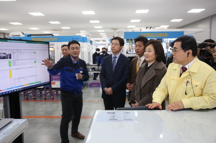 박영선 중기부 장관이 태림산업 창원 스마트공장을 찾아 시설을 둘러보고 있다. (제공:News1)