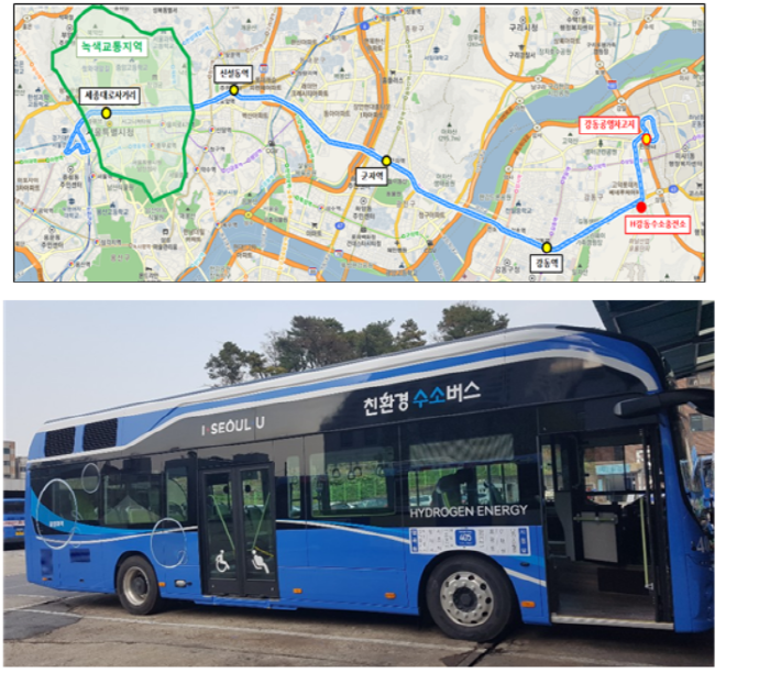 버스 370번 노선도(위), 수소버스 모습(제공:서울시)